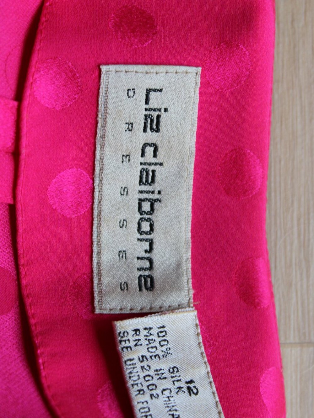 Vintage Liz Claiborne 100% Silk Hot Pink Polka-Dot Long Sleeve Midi Dress - Picture 7 of 16